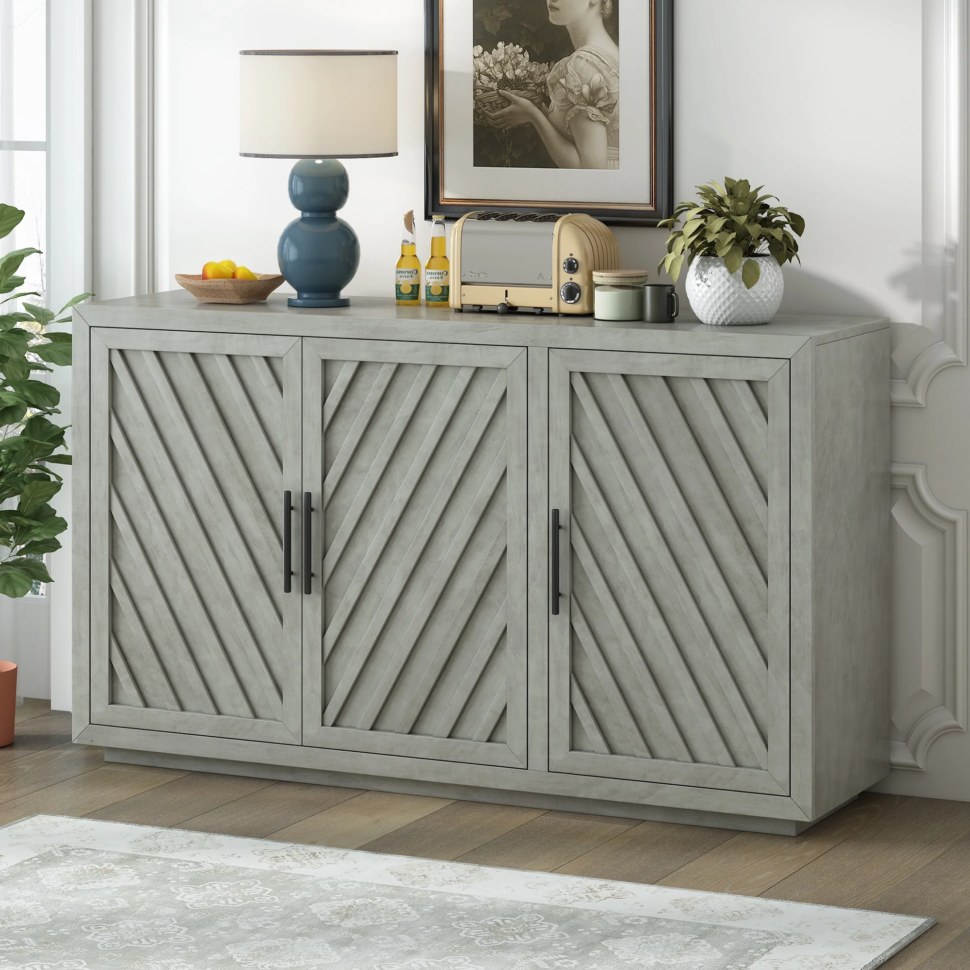 Churanty 3 Doors Large Storage Vintage Sideboard Cabinet, 60'' Retro Sideboard with Adjustable Shelves