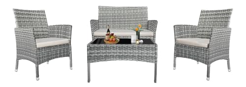 PatLoom 4-Piece Outdoor Furniture Set,Dark Grey Rattan Wicker Patio Sofa,Elegant Patio Conversation Set with Glass Top Coffee Table for Garden