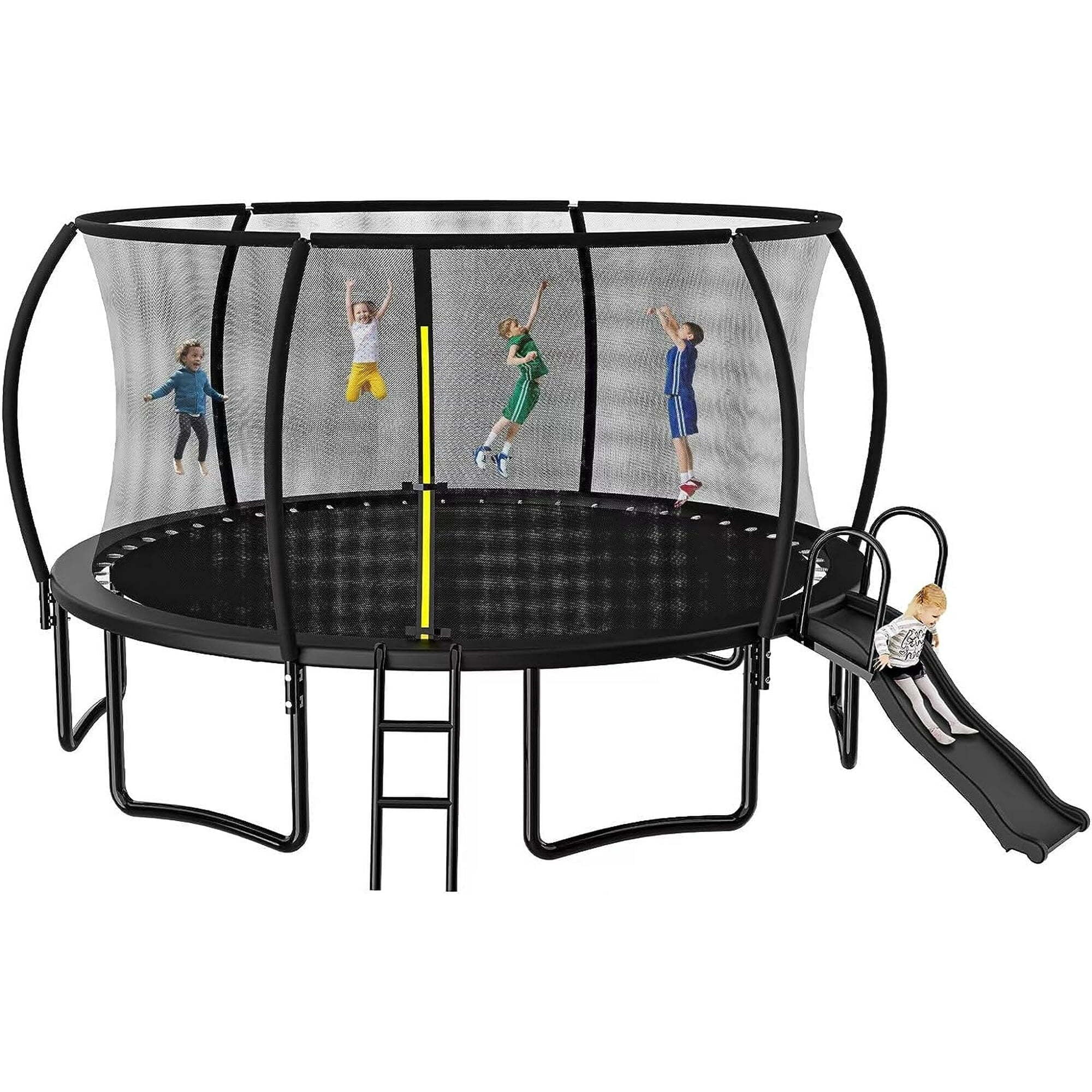 Soges 12FT Trampoline with Slide for Kids and Adults Outdoor Trampoline with Ladder and Safety Enclosure Net Pumpkin Trampoline with Curved Poles