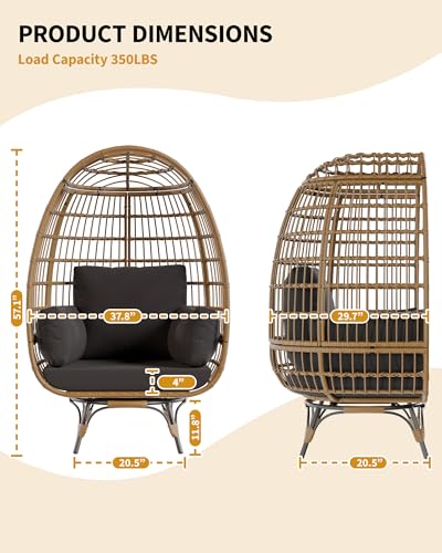 Oversize 360°Swivel Egg Chair Patio Rotating Rattan Egg Basket Lounge Chair, Wicker Egg-Shaped Chair w/Steel Frame Stand and 4 Cushions for Patio