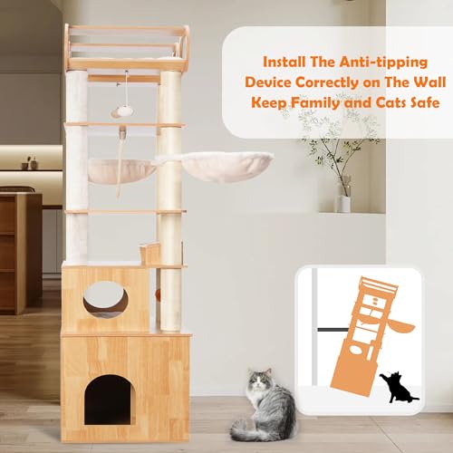 Heybly Cat Tree with Litter Box Enclosure, 76.8-inch Wooden mainecoons Cat Tower with Food Station,Extra Large Platforms