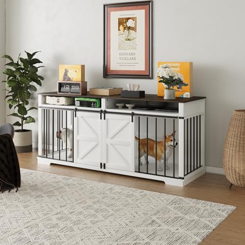 Aoowow Large Double Dog Crate Furniture 72.4" Indoor Dog Kennel with Sliding Barn Door and Divider