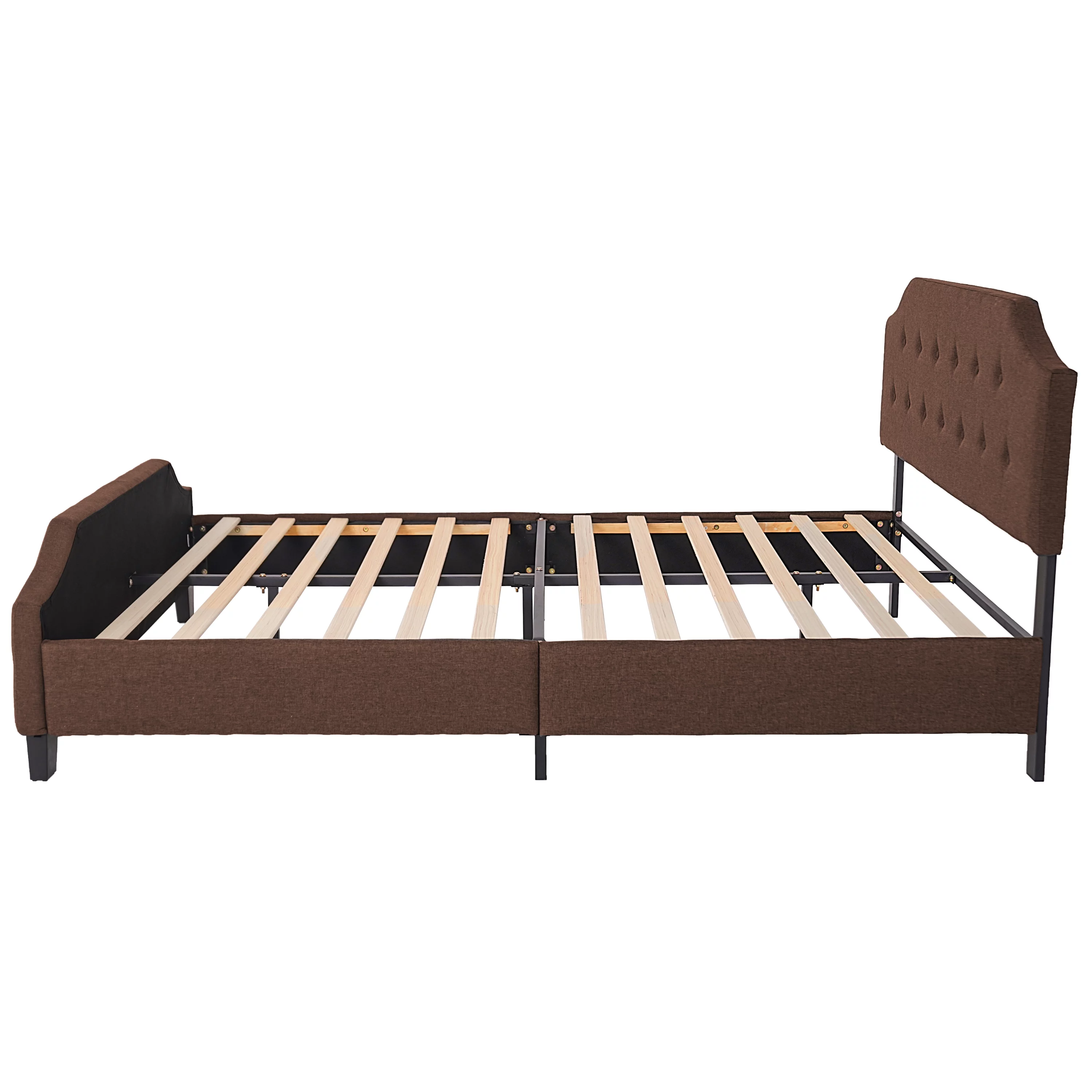 Upholstered Tufted Platform Bed Frame with Bonus Base Wooden Slat System, Queen, Brown