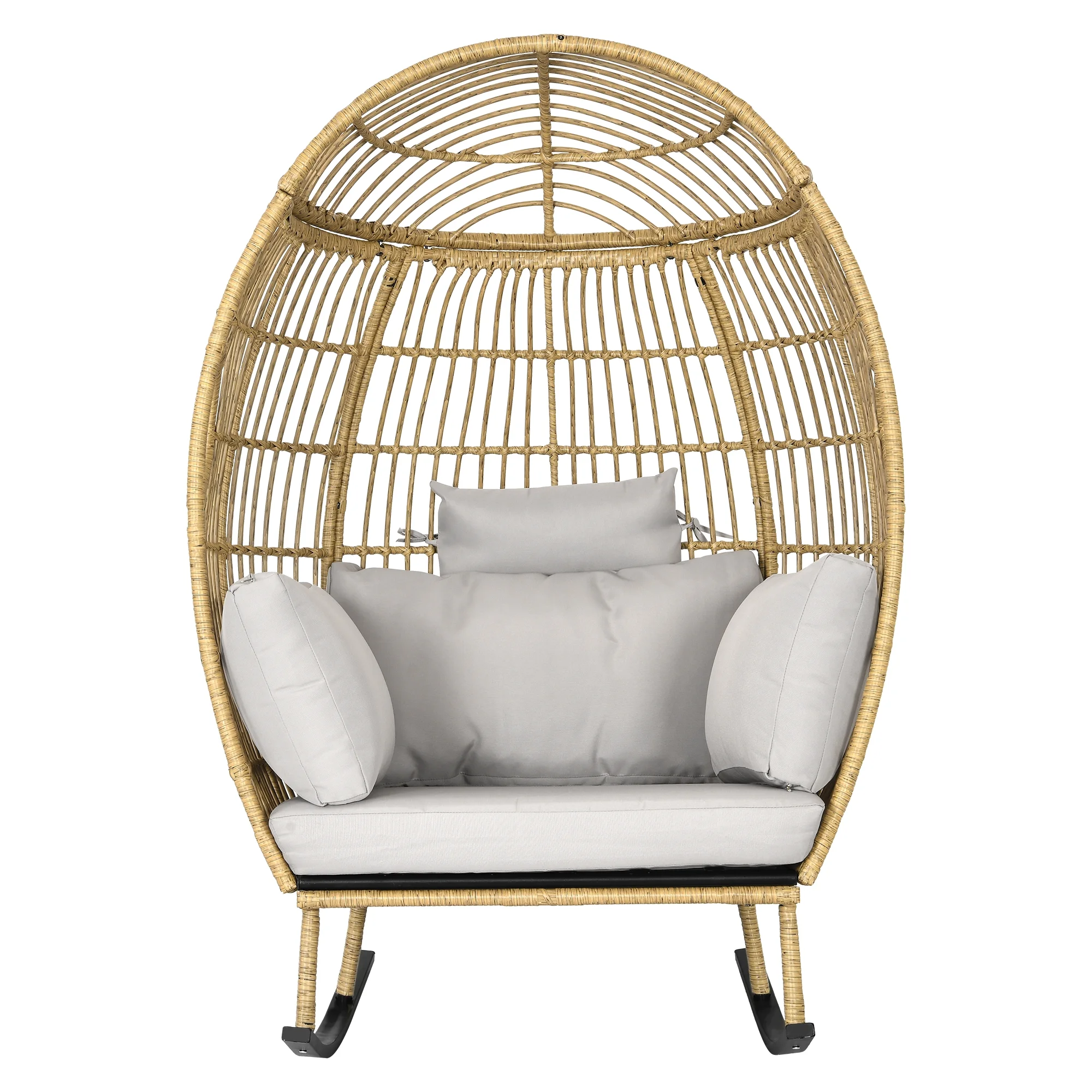 Dextrus Indoor Outdoor Rocking Egg Chair, Wicker Patio Rocking Basket Chair with 385lbs Capacity, All-Weather Oversized Egg Lounger Chair - Grey