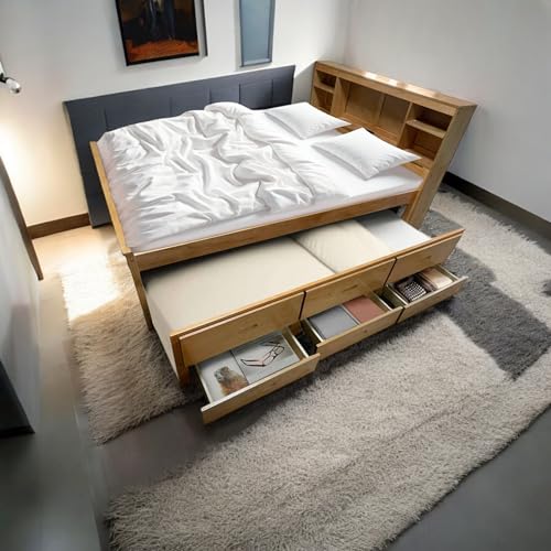 Full Size Platform Bed with 3 Drawers and Trundle,Captain’s Bed Frame with Storage Headboard Bookcase Shelves for Kids Teens Bedroom