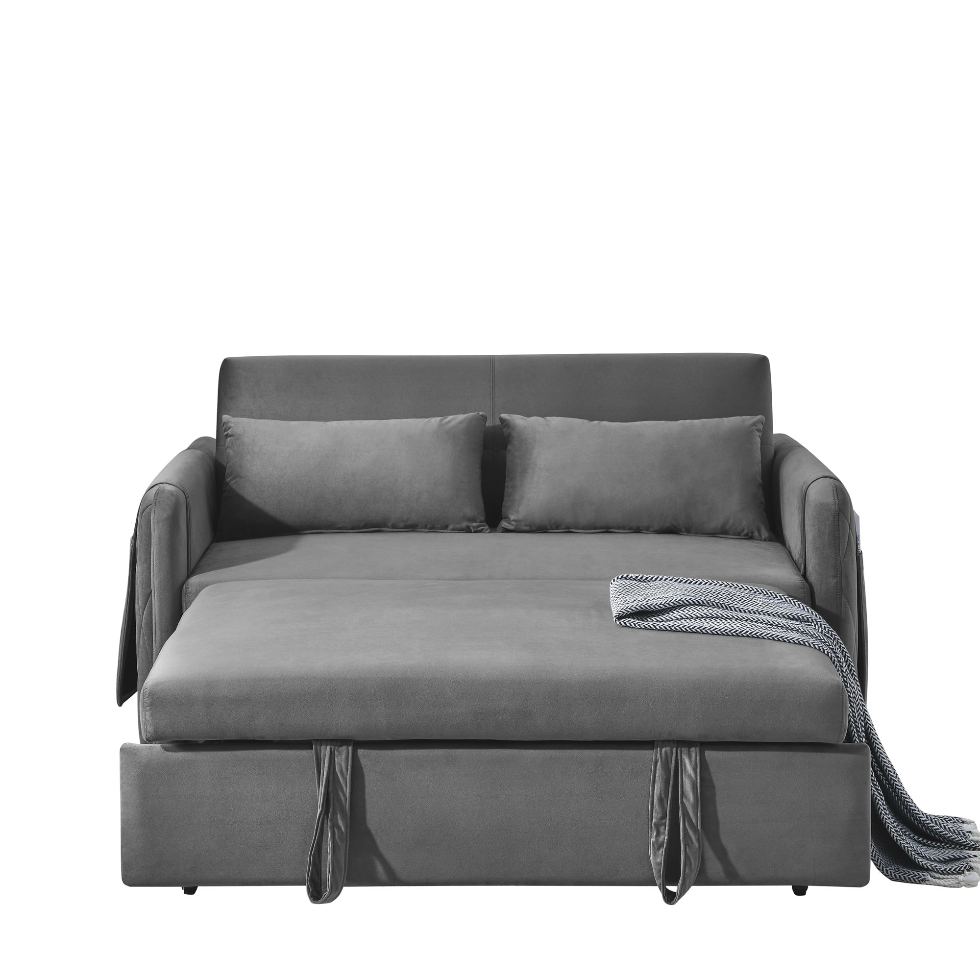 Ufurpie 55"L Modern Velvet Pull Out Sofa Bed,Convertible Velvet Sleeper Sofa Bed with Adjustable Backrest&2 Pillows,Gray