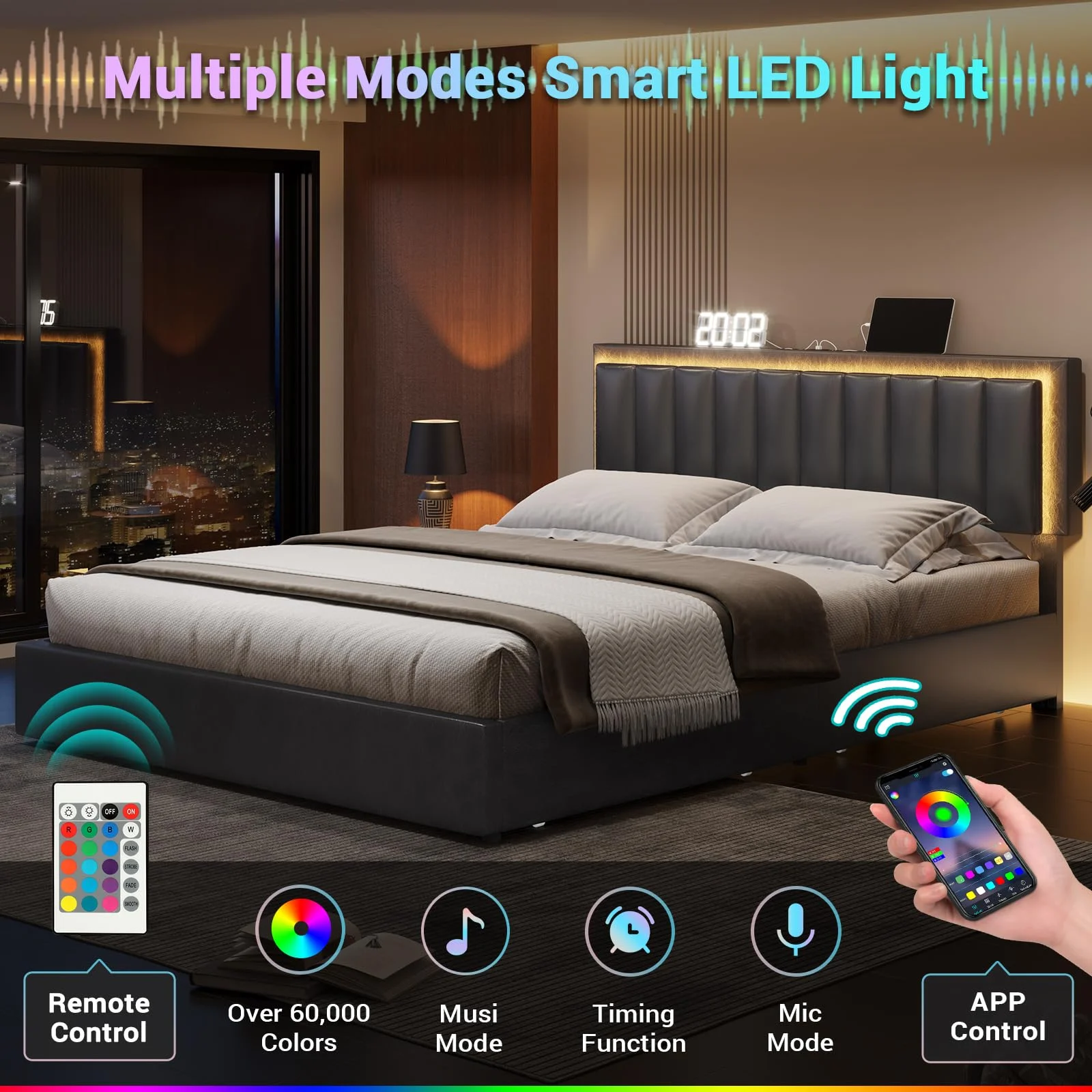 King Size Bed Frame with 4 Storage Drawers and Adjustable Headboard,Upholstered Platform Bed with USB Port Charging Station and LED Light