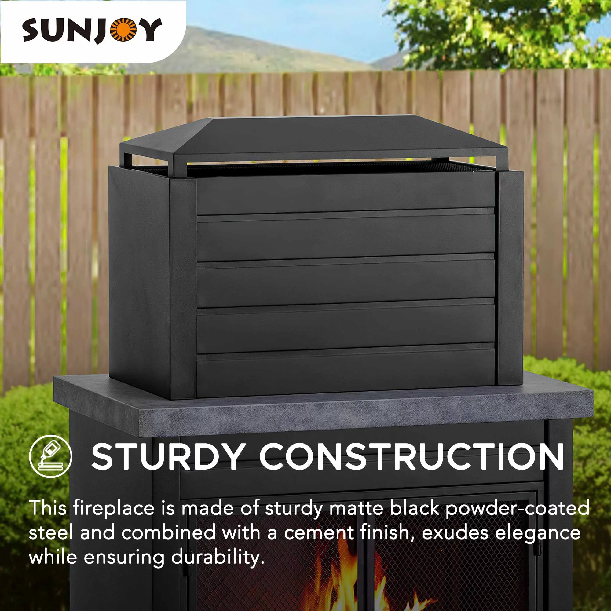 Sunjoy Wood Burning Fireplace &ndash; Matte Black Outdoor Steel Fireplace with Chimney, Log Holders, Fireplace Tool, and PVC Cover