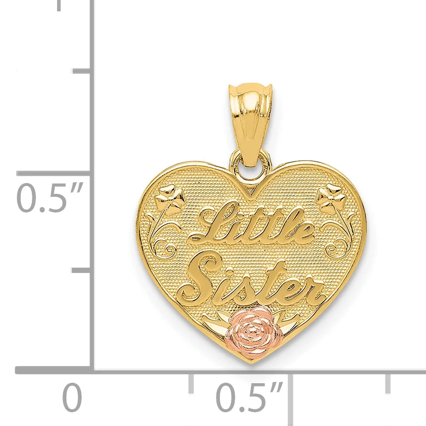 Carat in Karats 14K Two-Tone Gold Two-Tone Little Sister Heart Pendant (20mm X 15mm) With 14K Yellow Gold Light Weight Rope Chain 16"