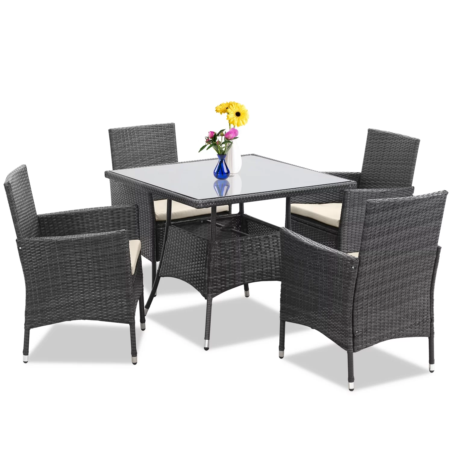 CozyHom 5 Pcs Outdoor Patio Wicker Furniture Dining Table Sets, Sectional Conversation Glass Dining Table Chairs Set for 4 with Umbrella Hole, Grey