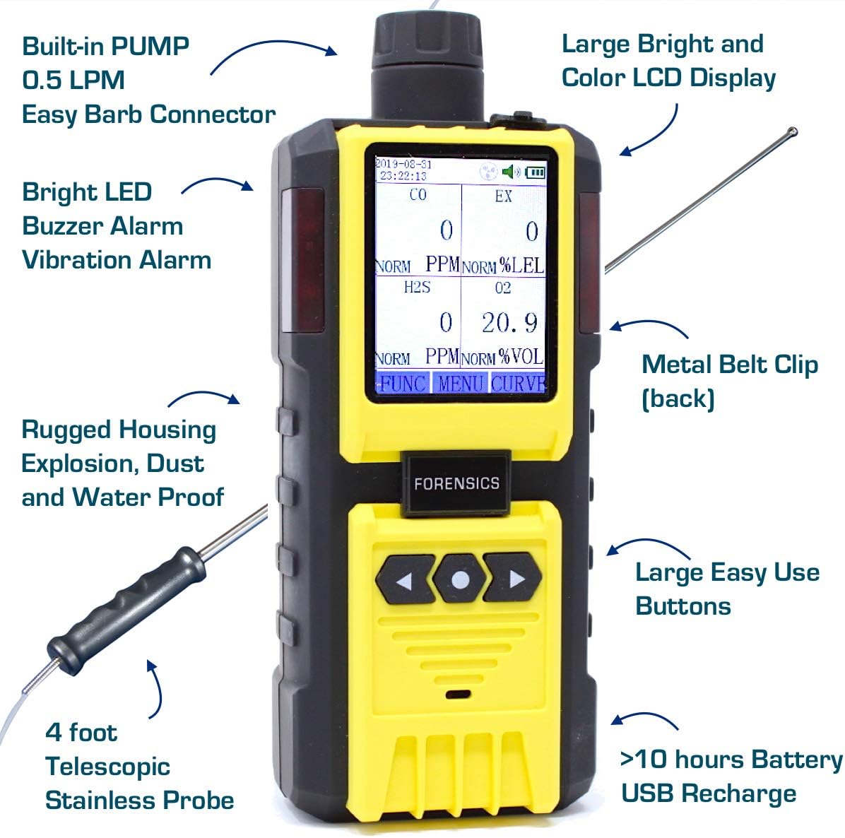 4 Gas Monitor by Forensics | Built-in Pump Multi Gas Meter | O2, CO, H2S