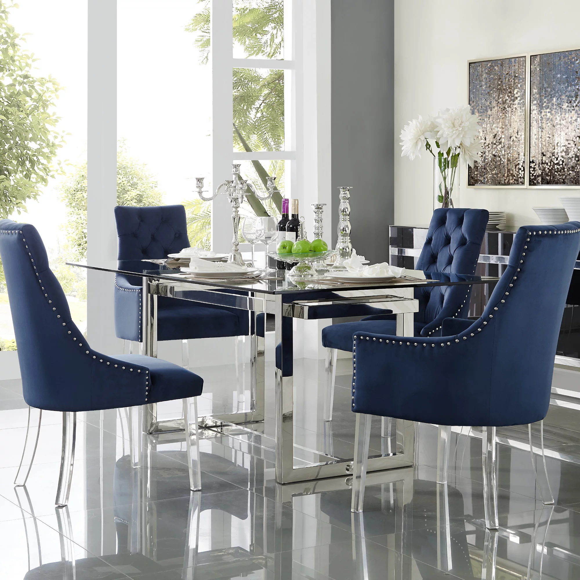 Inspired Home Gideon Velvet Dining Chairs Acrylic Leg Swoop Arm(Set of 2), Navy