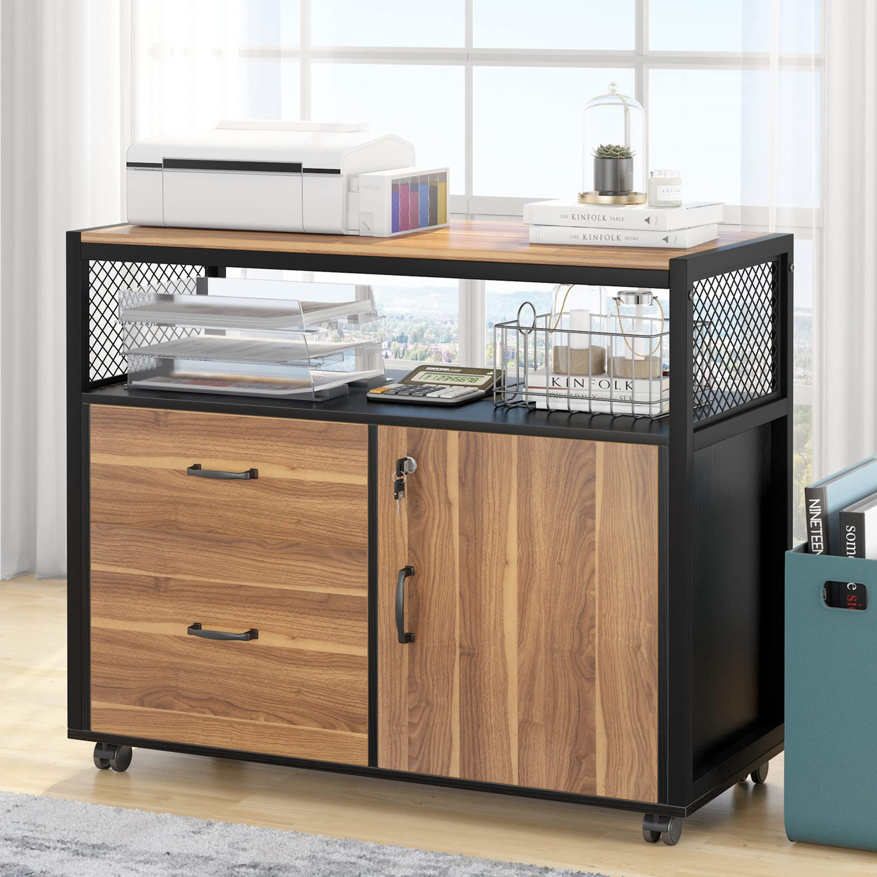 【Furniture】L Shaped Desk with Drawer Cabinet, 55" Executive Computer Desk and lateral File Cabinet
