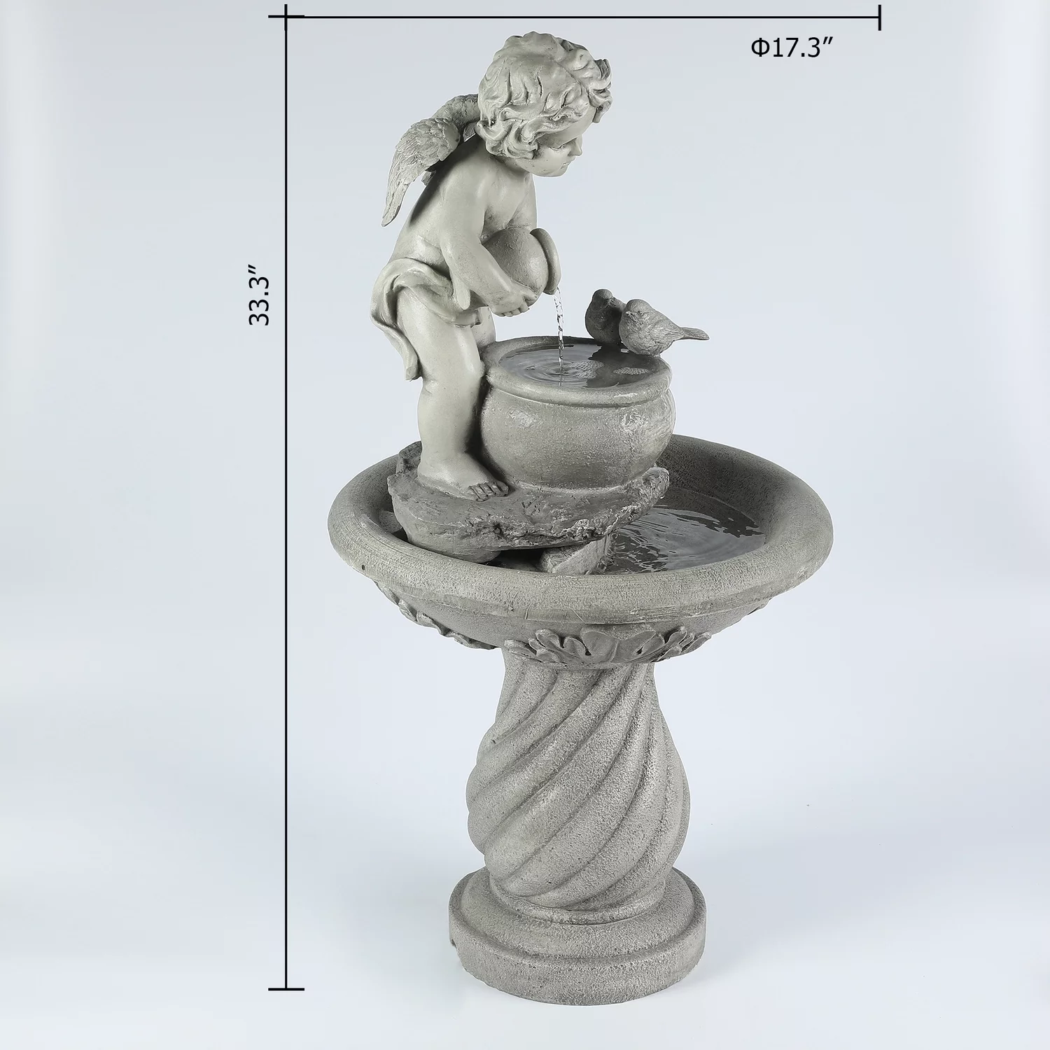 LuxenHome Gray Resin Cherub Birdbath Outdoor Patio Fountain