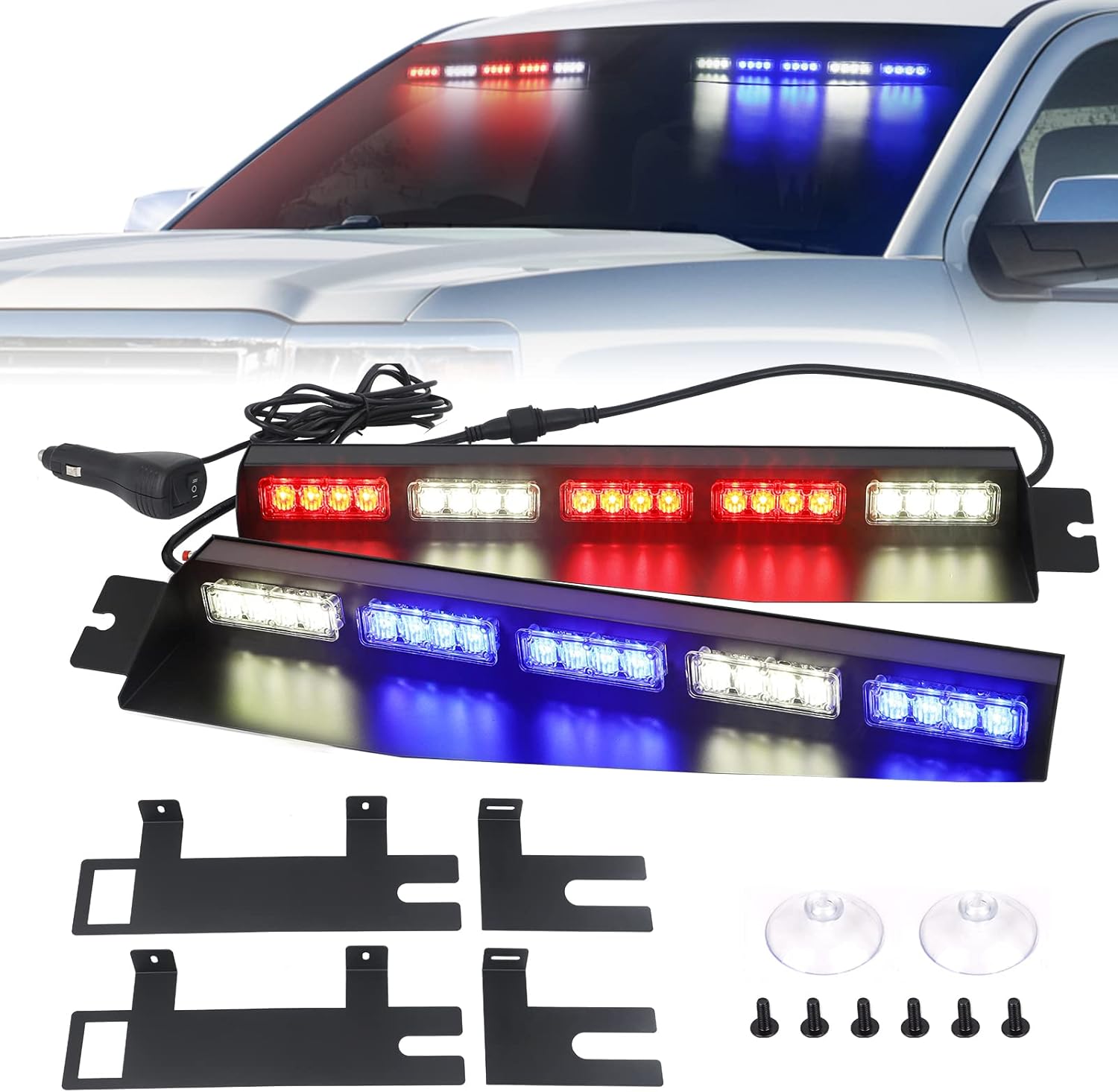 Emergency Visor Lights Green/White Strobe Lights Bar Warning Flashing Safety Interior Windshield for Construction Vehicles Trucks w/ Take Down