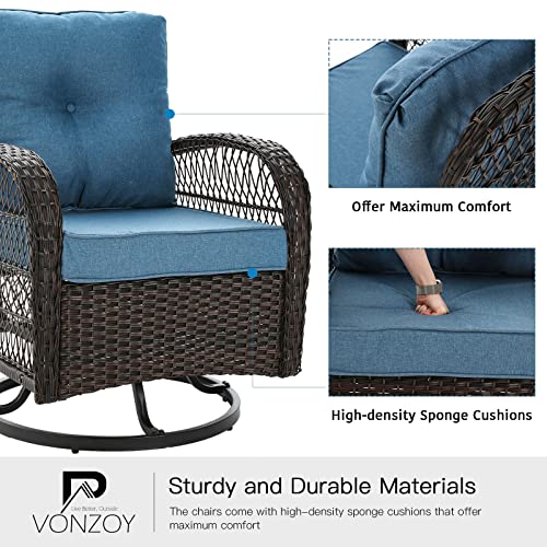 3 Pieces Patio Furniture Set, Outdoor Swivel Glider Rocker, Wicker Patio Bistro Set with Rocking Chair, Thickened Cushions and Table for Porch (Blue)
