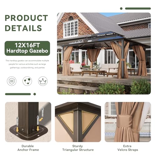 Aoxun 12'x16' Hardtop Gazebo, Aluminum Frame Permanent Pavilion with Netting and Curtains, Outdoor Polycarbonate Double Roof Canopy