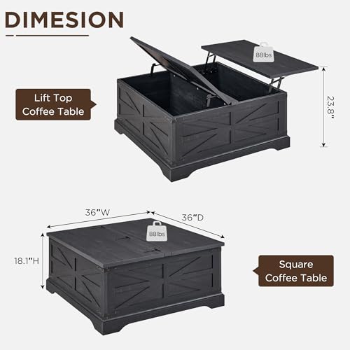 JXQTLINGMU Farmhouse Lift Top Coffee Table with Storage, 36" Wood Square Center Table with Large Hidden Compartment