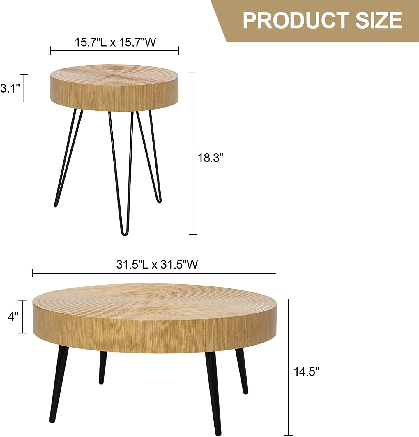 KHBIULIFE 2 Pieces  Round Wood Coffee Table Set  Farmhouse Circle Living Room Table Set of 2  Modern Ring Motif Natural Wood Finish Side and End