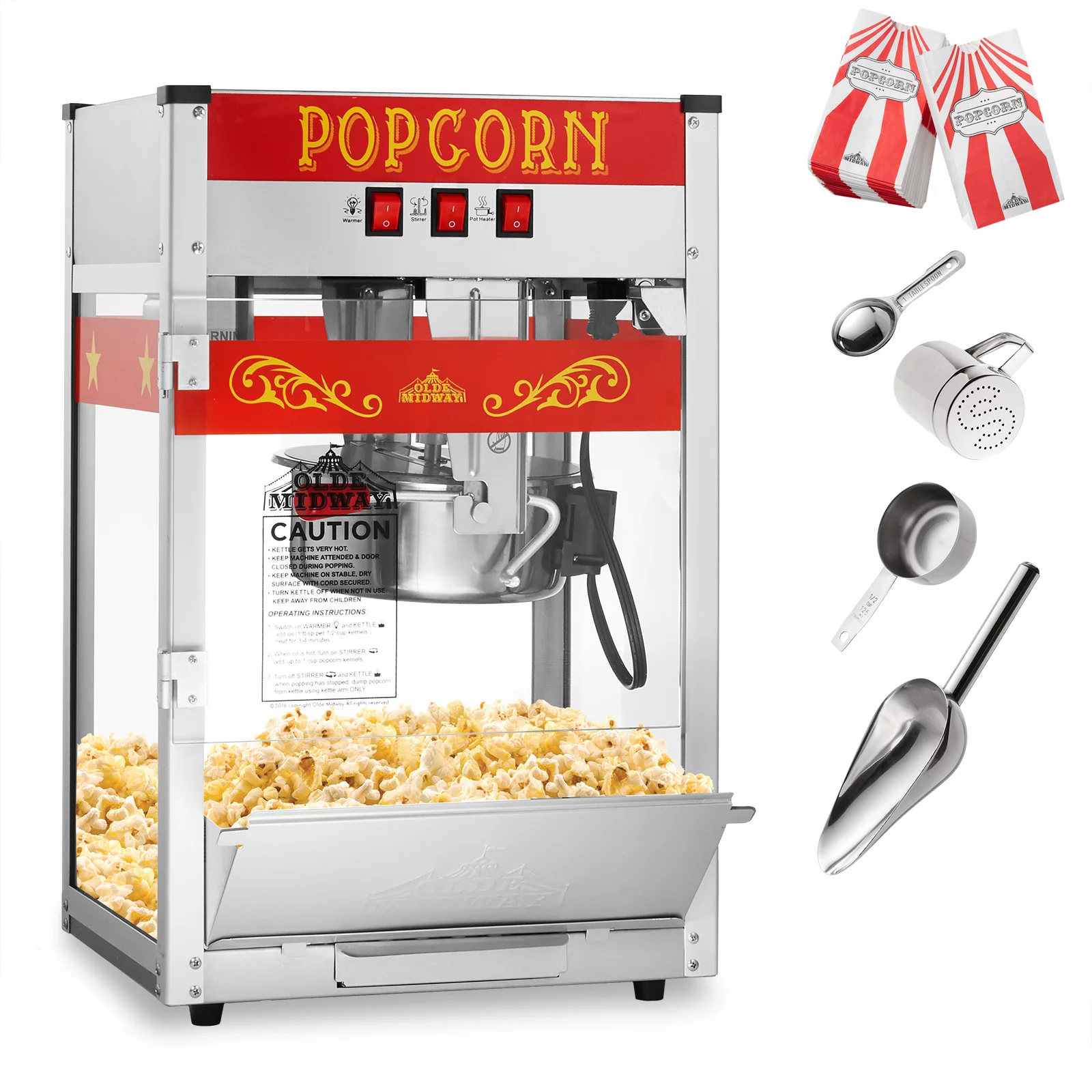 Olde Midway Commercial Popcorn Machine, Bar Style Popper with 8 Ounce Kettle, Red