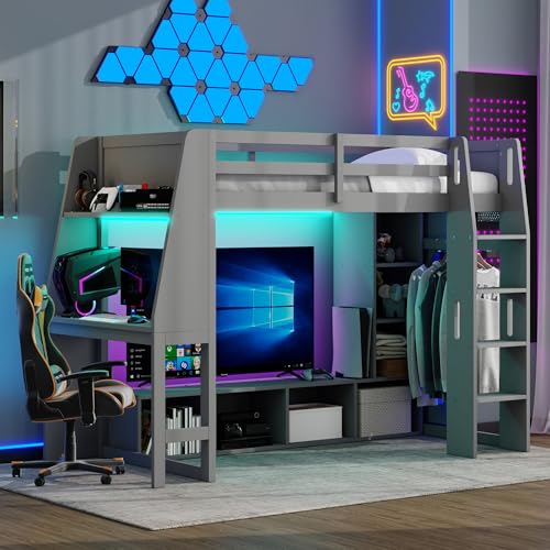 SOFTSEA Twin Gaming Loft Bed with Desk & LED Lights, Solid Wood Loft Bed with Storage Wardrobe and Shelves for Kids Teens