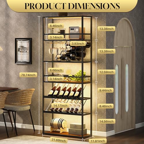 Merax Wine Rack with LED Lights & Glass Holder, Contemporary Freestanding 7-Tier Tall Bar Cabinet, Luxury Kitchen Furniture for Liquor Storage