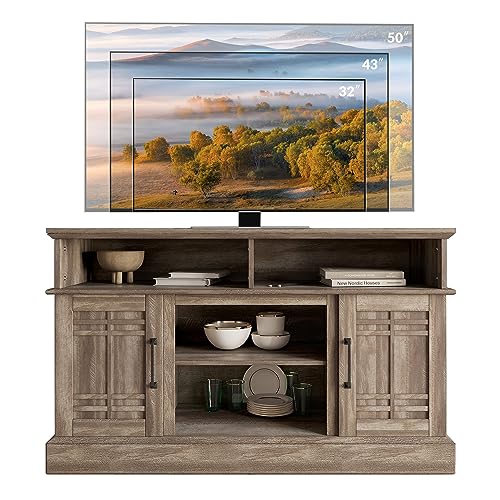 BELLEZE Modern 48" Farmhouse Wood TV Stand & Media Entertainment Center Console Table for TVs up to 50 Inch with Open Storage Shelves & Cabinets