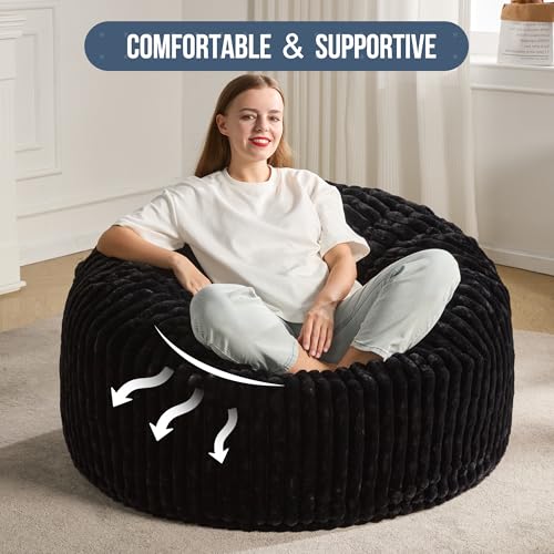 Hobestluk 5ft Bean Bag Chairs for Adults Large Beanbag Chair with Stripe Plush Cover Big Bean Bag Chair for Living Room Bedroom Dorm Office -Black