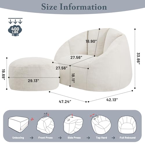 Giant Bean Bag Chair for Adults - Comfy Plush Round Shell Soft Accent Chair, Oversized Cozy Lounge Floor Sofa Reading Chair