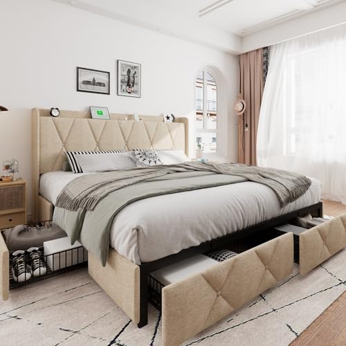 iPormis Queen Bed Frame with 4 Storage Drawers, Upholstered Platform Bed Frame with Charging Station, Modern Wingback Storage Headboard