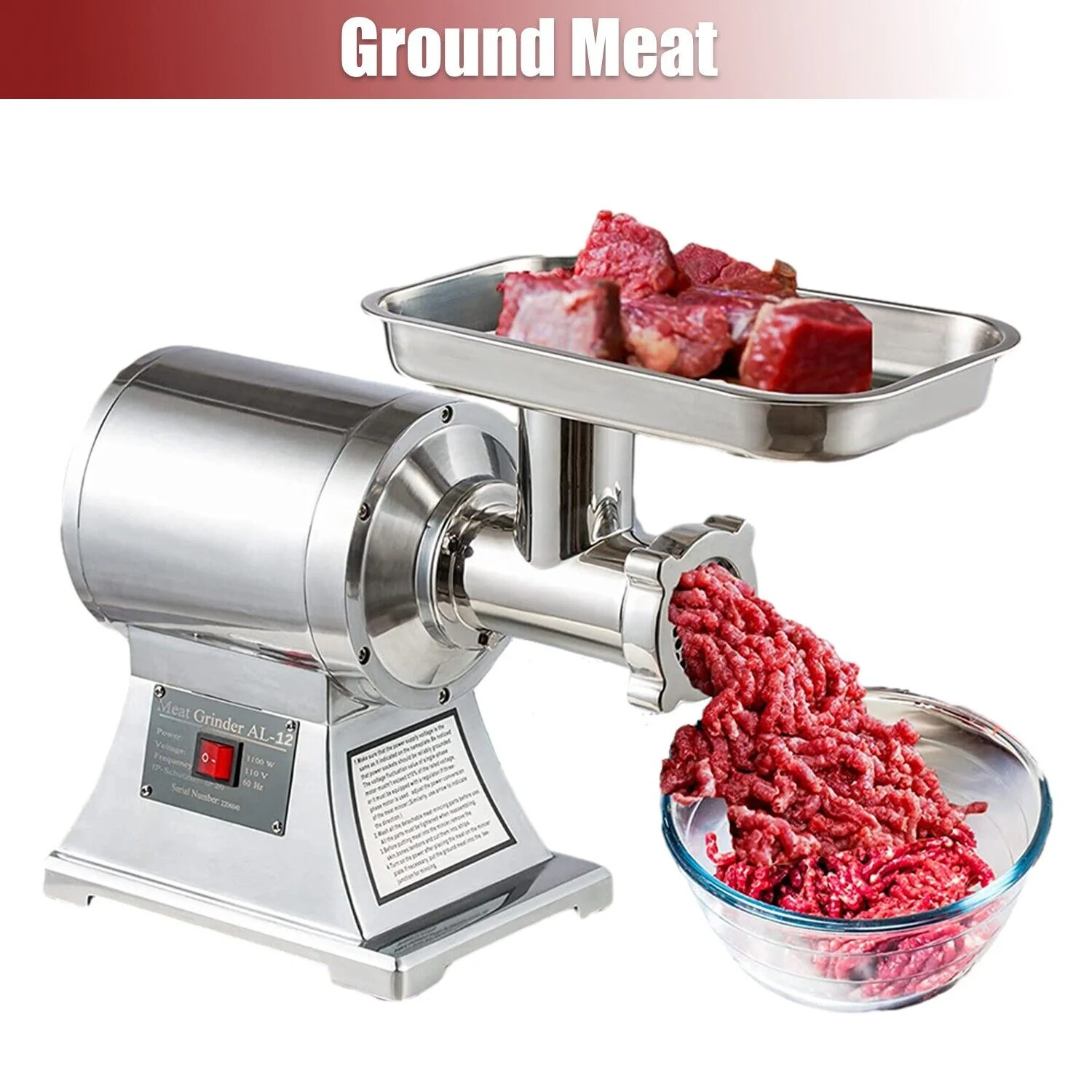 iMeshbean Commercial Electric Meat Grinder, 1100W 550lbs Per Hour Stainless Steel Commercial Sausage Stuffer For Commercial and Home Use
