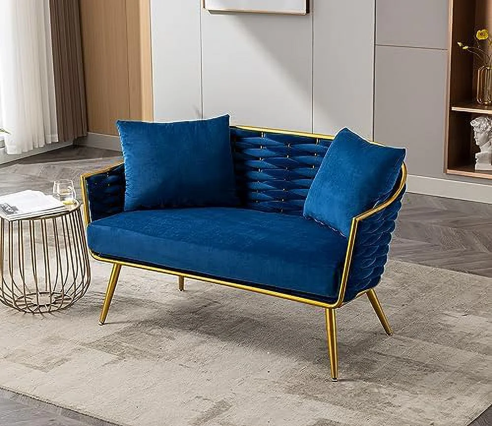 xrboomlife Velvet Accent Sofa Chair  Upholstered Loveseat with Stylish Woven Back  Small Comfy Couch with 2 Pillows  Modern Love Seat with Gold Frame
