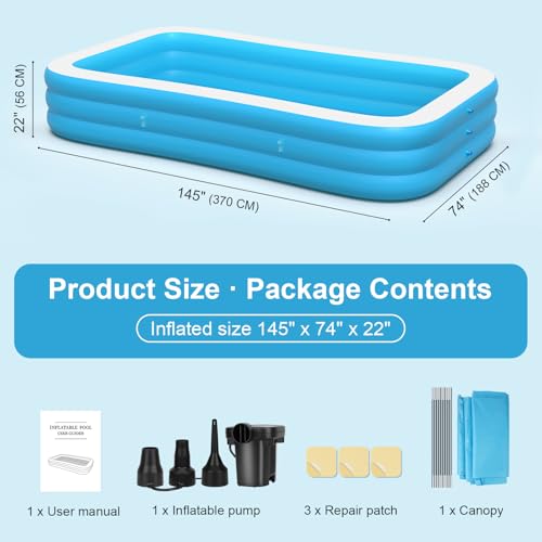 Large Inflatable Pool with Canopy - 145'' x 74'' x 22'' Oversized Thickened Blow Up Pool for Family