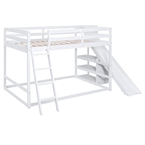 Full-Over-Full Castle Style Bunk Bed with 2 Drawers and 3 Shelves, Wood Bunk Bed Frame with Slide and Storage Staircase for Kids Teens Boys Girls