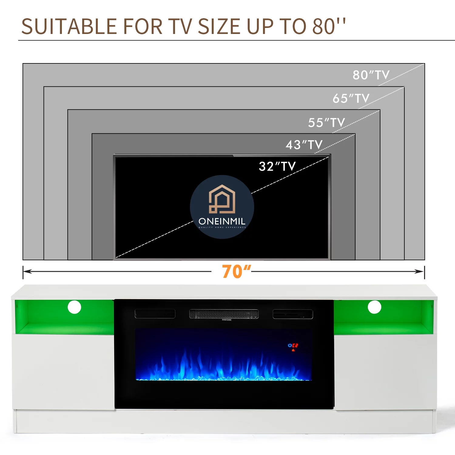 Oneinmil Fireplace TV Stand, Entertainment Center for TVs up to 80", 70” TV Stand with 36'' Electric Fireplace, LED Lights Entertainment Center