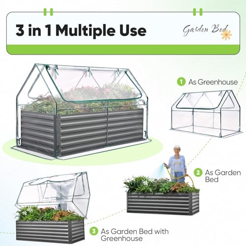 Quictent Raised Garden Bed Galvanized Raised Beds for Gardening Vegetables with Cover 8x4x1 ft Metal Planter Box Outdoor Use (Clear)