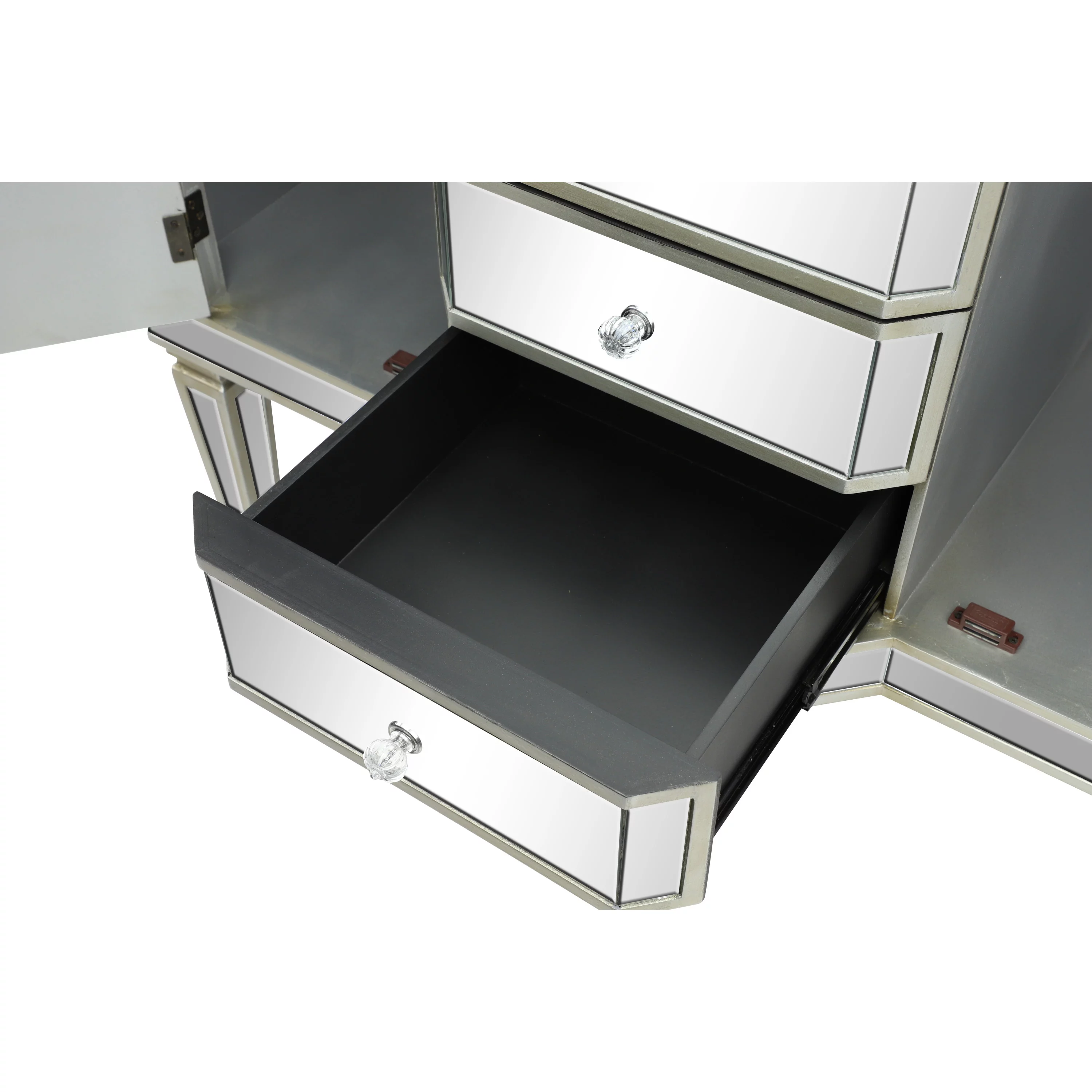 DecMode 39" x 34" Silver Wood Mirrored Panel 4 Drawers 2 Shelves and 2 Doors Buffet with Acrylic Knob Handles, 1-Piece