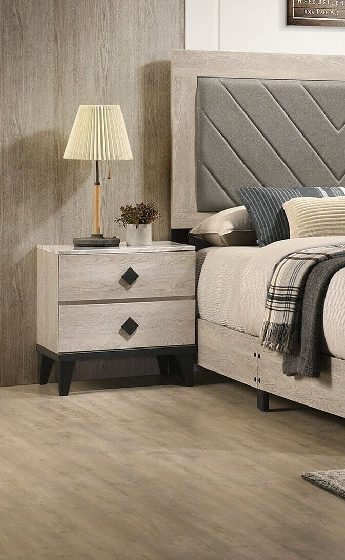 Transitional Cream Color Dresser Mirror 2x Nightstands Chest 5pc Bedroom Set Unique Handle pulls Rubberwood Veneer Furniture