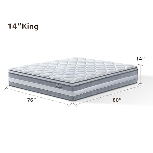 Queen Mattress, 14 Inch Hybrid Mattresses in a Box, Individually Wrapped Pocket Coils for Isolate Motion, Gel Memory Foam, Medium Firm Support