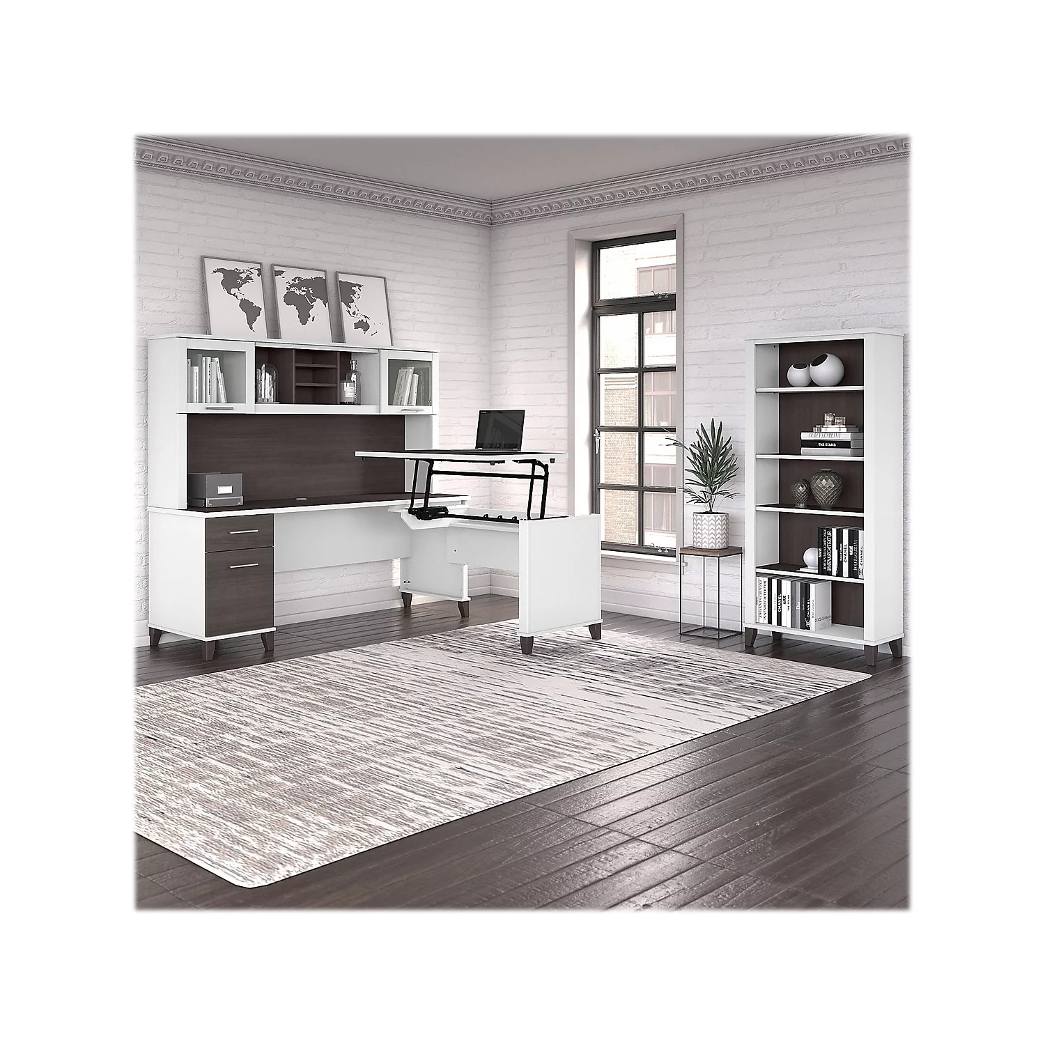 Somerset Sit to Stand L Desk Set with Bookcase in White/Gray - Engineered Wood