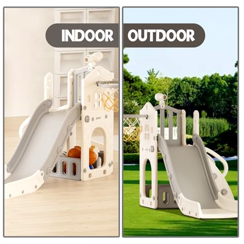 XJD 5 in 1 Toddler Slide, Kids Slide for Toddlers Age 1-3, Outdoor Indoor Playset for Toddlers with Basketball Hoop and Ball