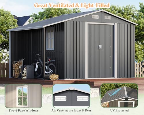 AMERLIFE 10.6x10.3x6.3 FT Metal Storage Shed with Sliding Doors Two 4-Pane Windows, Open Outdoor Shed for Wood Storage, Dark Grey/White