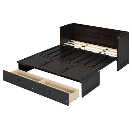 Harper & Bright Designs Queen Murphy Bed with USB Charging Station and Large Drawer, Wooden Queen Size Bed Wall Bed with Storage