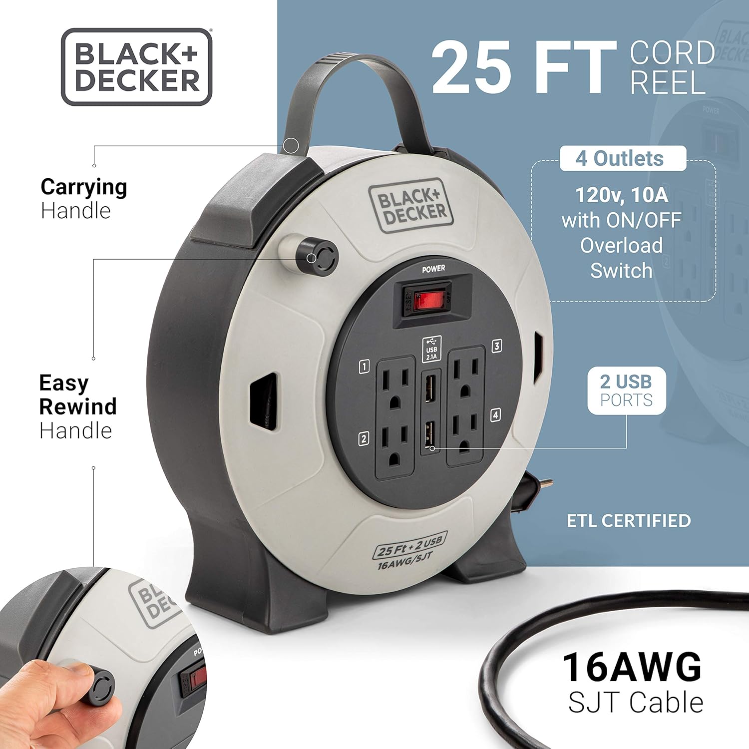 BLACK+DECKER Retractable Extension Cord, 25 ft, 4 Outlets, 2 USB Ports (2.1A), 16AWG SJT Cable - Compact Power Cord Reel with Multi-Plug Extension
