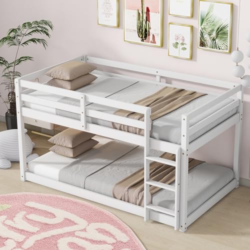 Bunk Bed Twin Over Twin, Wood Low Profile Floor Twin Bunk Beds with Ladder Guardrails for Kids Boys and Girls, No Box Spring Needed