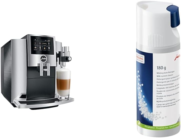 Jura S8 Automatic Coffee Machine, 64 ounces, Chrome & Milk System Cleaner Mini-Tabs w/Dispenser (180 g bottle), white