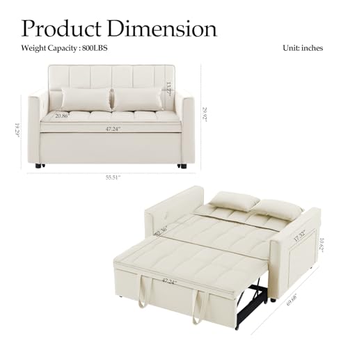 Modern 3 in 1 Convertible Sleeper Sofa Couch Bed with USB, Adjustable Backrest Velvet Pull Out Sofa Bed, Loveseat Sleeper Couch