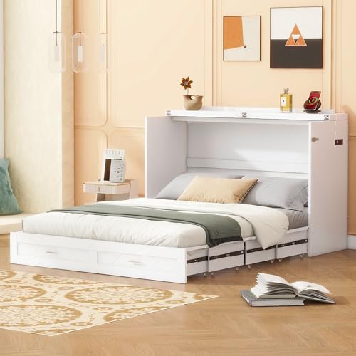 Harper & Bright Designs Queen Size Murphy Wall Bed, Chest Cube Cabinet With USB, Charging Station and Large Storage Drawer for Home Office