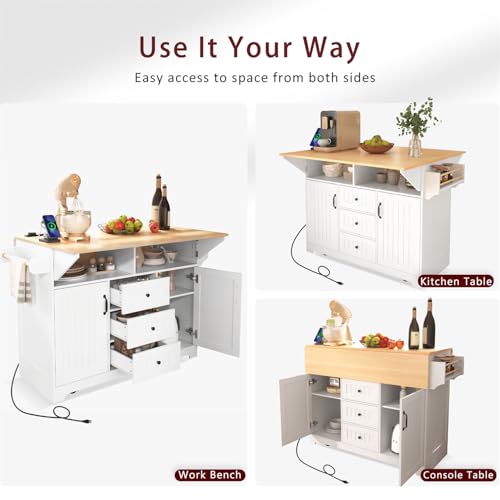 Linique 55.7" W Kitchen Island with 2 Drop Leaf, Moblie Kitchen Cart on Wheels with Storage Cabinet, 3 Drawers