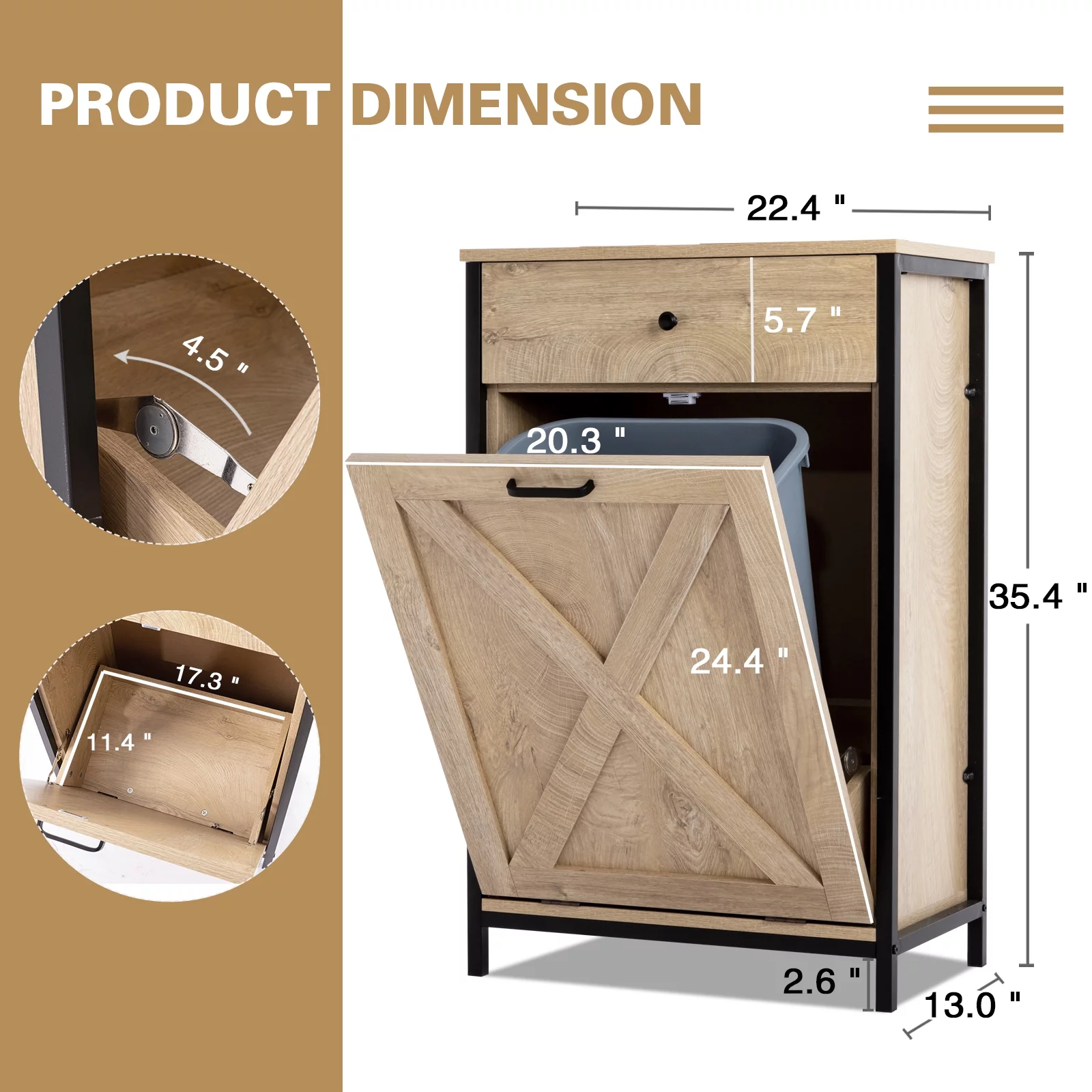 Eclife 10 Gallons Tilt Out Trash Cabinet Rustic Wood Barn Door Style Kitchen Island Storage with Solid Hideaway Drawer